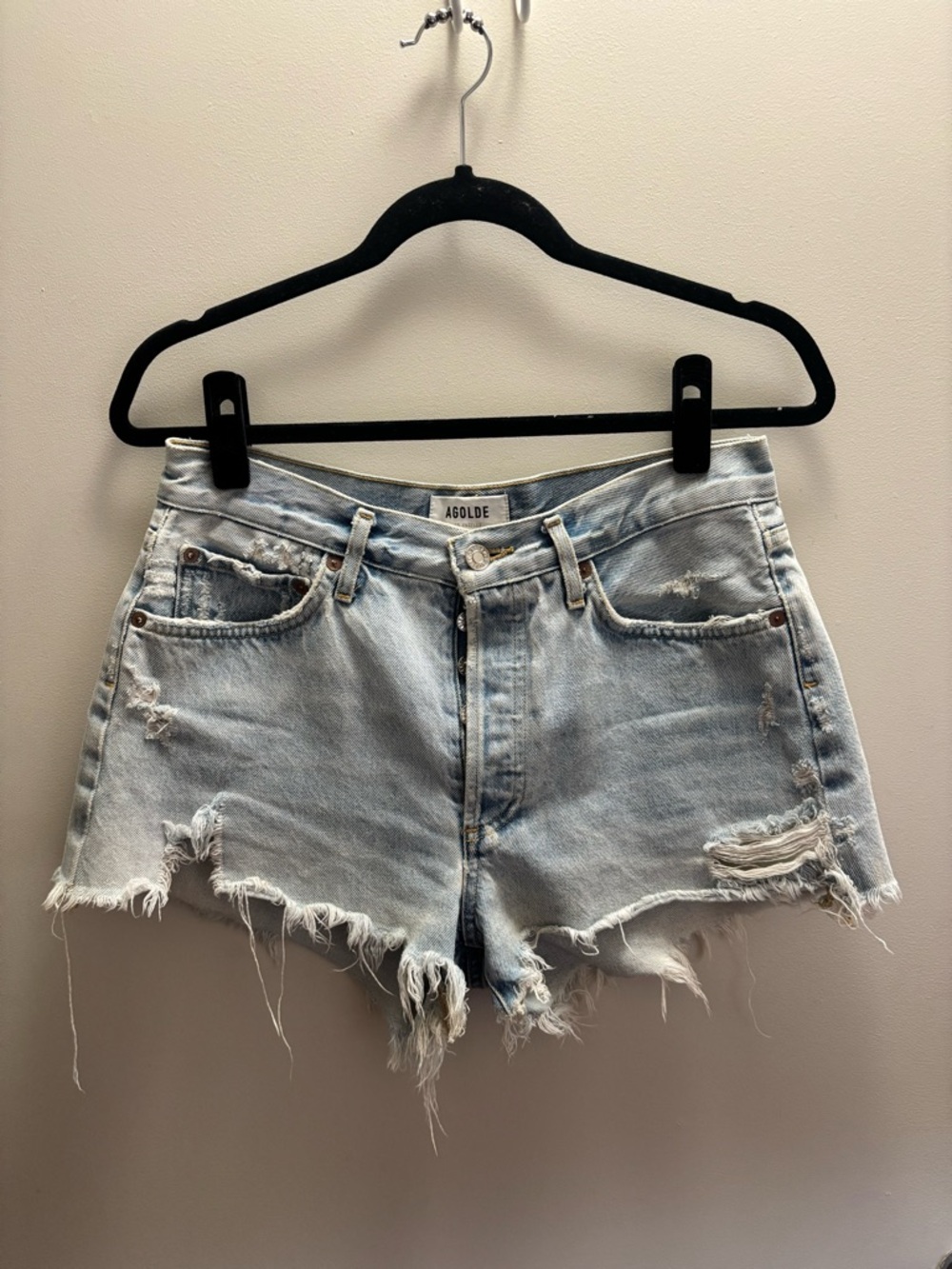 Agolde Light Blue Frayed Distressed Denim Cutoff Shorts